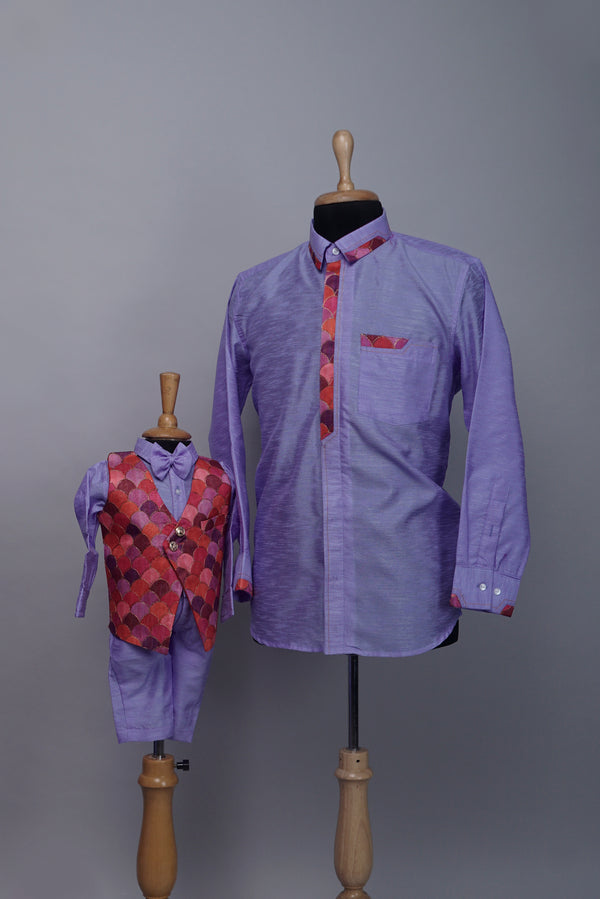 Lavender with Red Position Embroidered Dad and Son Combo Matching Set