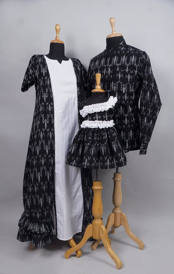 Black with White Ikkat Causal Family Combo Matching Set