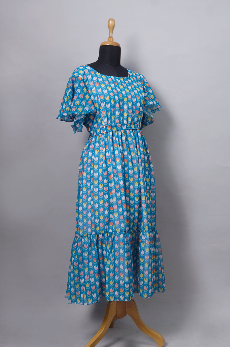 Sea Blue Flower Printed Georgette Women Dress