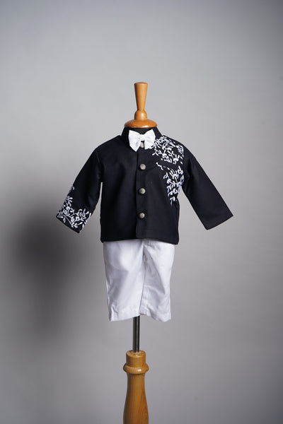Navy Blue Suiting Fabric With Machine Embroidery Kid Birthday Suit
