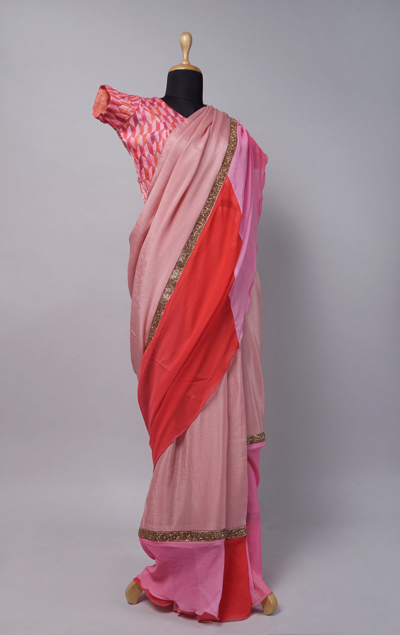 Red with Pink Golden Lace Attached Saree