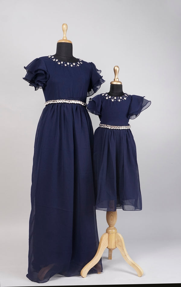 Navy Blue With White Formal Mom and Daughter Combo Matching Set