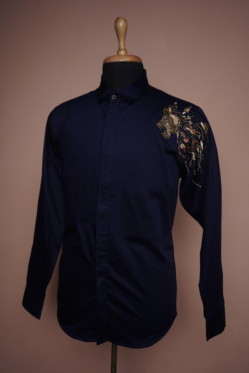 Dark Navy Blue Corvette with Special Tiger Embroidery work in Mens Shirt