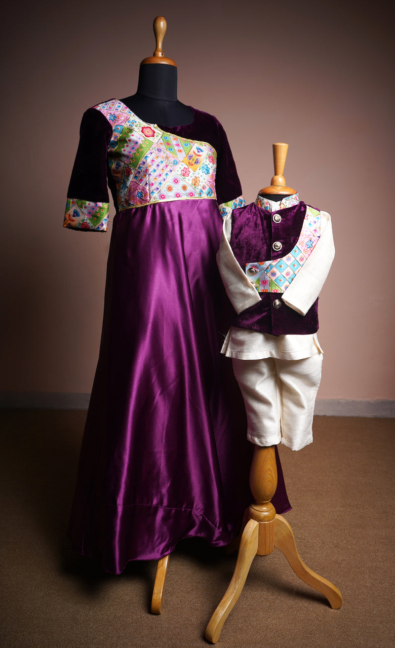 Purple Velvet and Embroidered Grand Fabric and Rawsilk and Mom and Son Combo