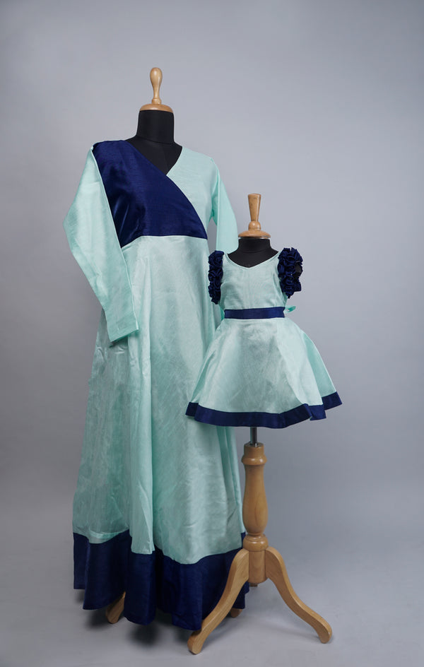 Aqua Green with Navy Blue Mom and Daughter Combo Matching Set