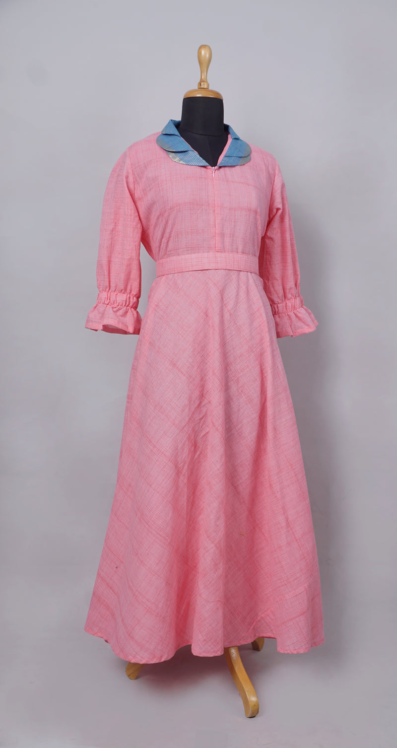 Pink with Blue Brocade Custom Made Dress