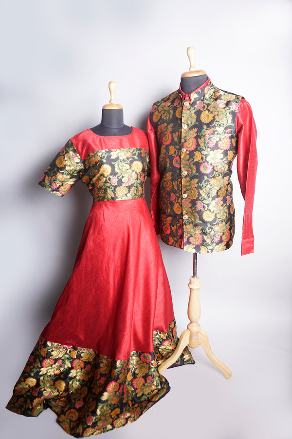 Red Rawsilk and Matching Brocade for Couple Clothing