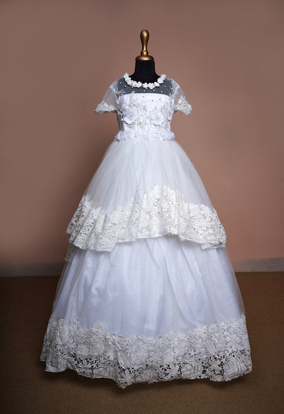 White Net and Lace Fabric with Special floral Patch work Girl kid Birthday Dress