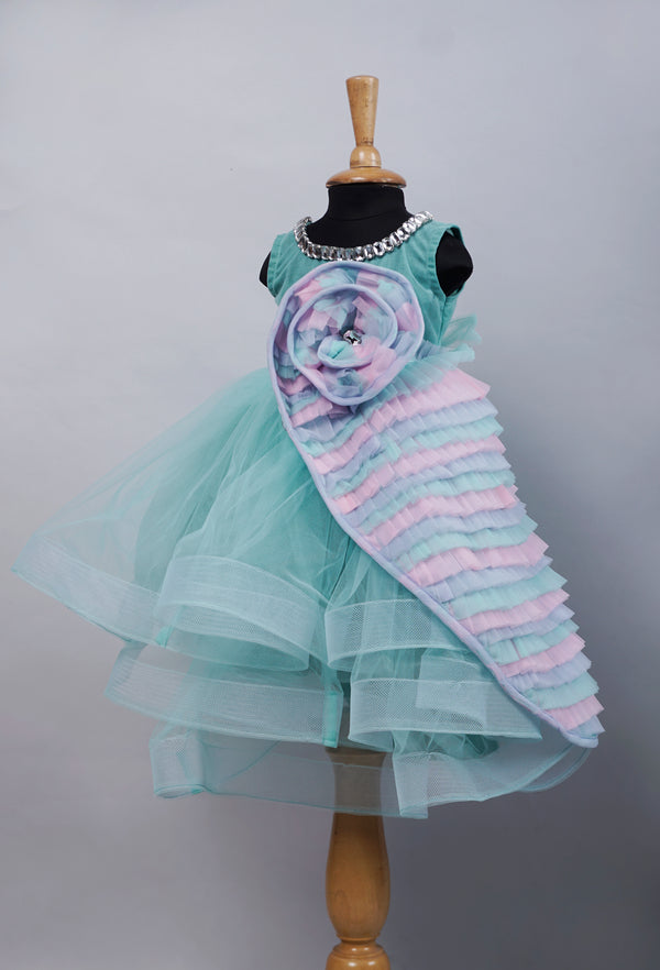 Aqua Green with Multi Colour Girl's Birthday Gowns