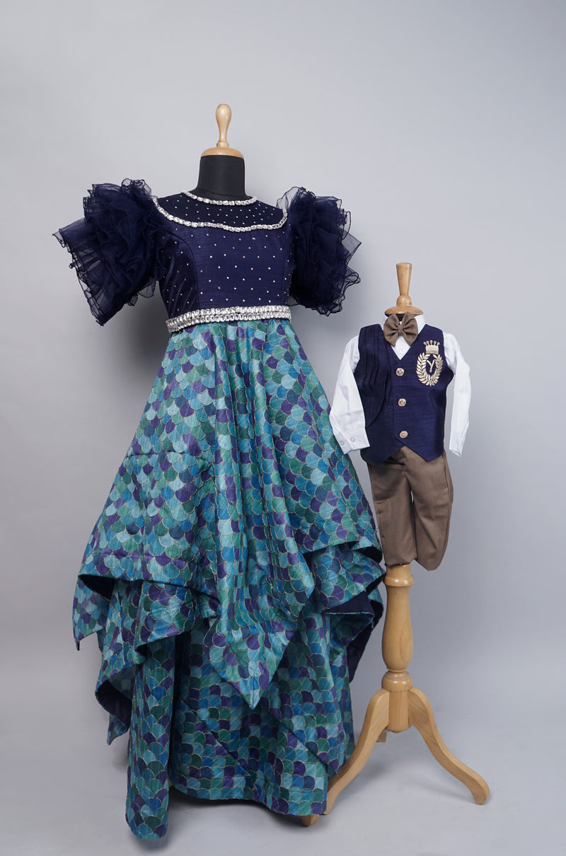Peacock Blue Position Embroidered  with Navy Blue Mom and Son Combo Matching Set