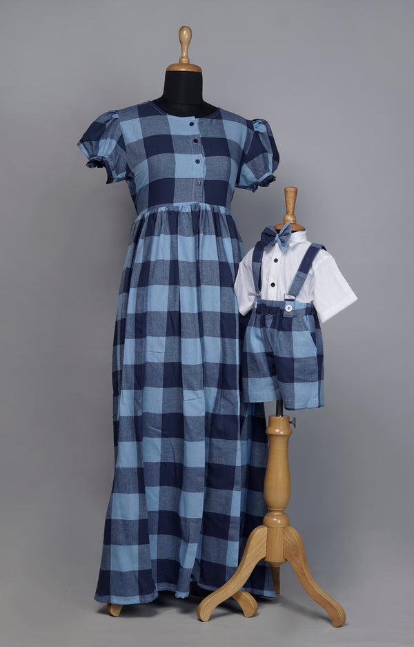 Blue Checked Mom and Son Combo Matching Set