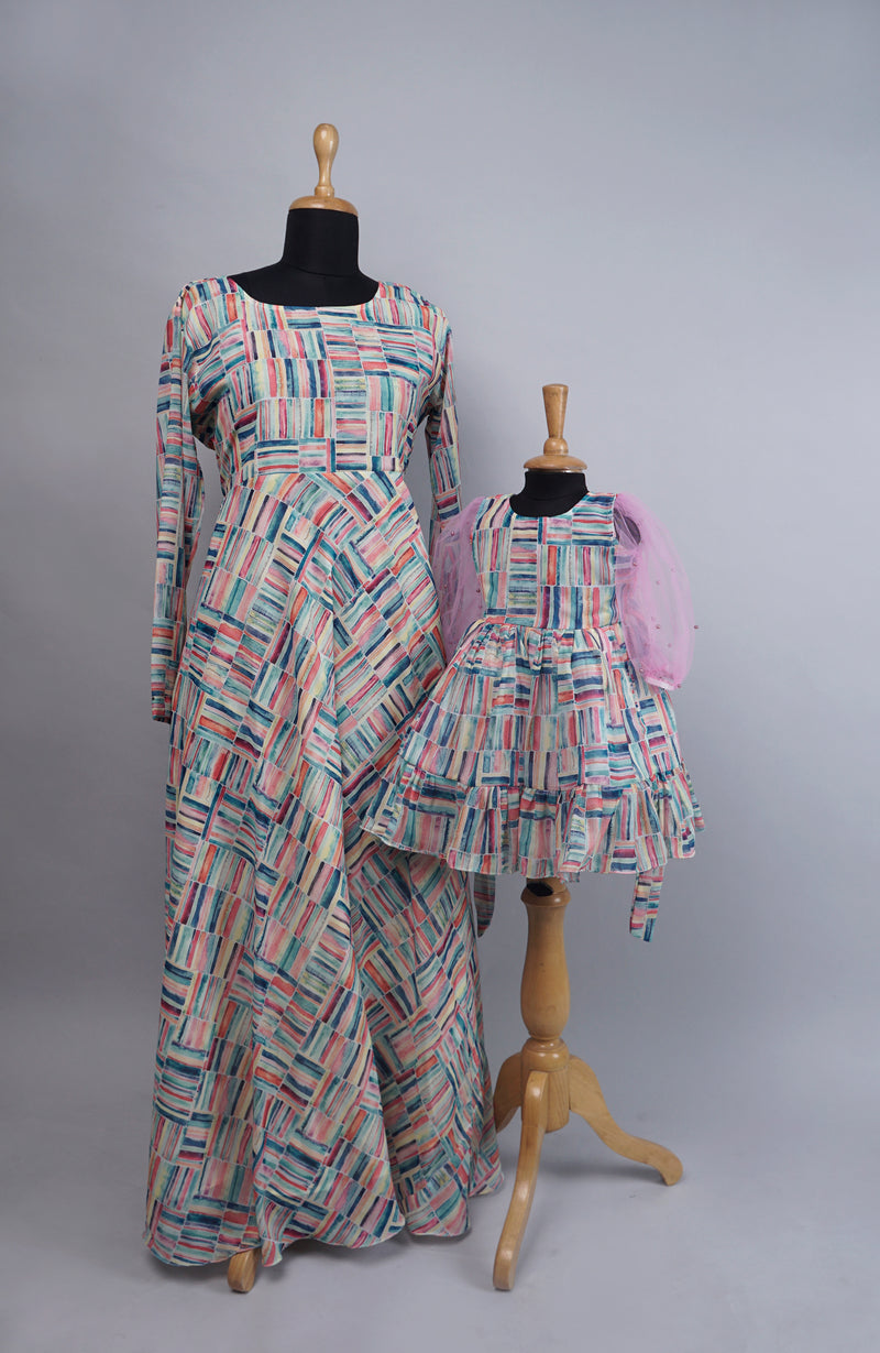 Multicolour Geomentical Stripe Mom and Daughter Combo Matching Set