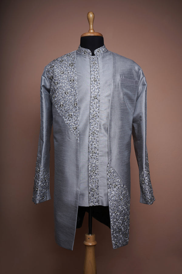 Grey Rawsilk with Special Embroidery work in Mens Reception Wear