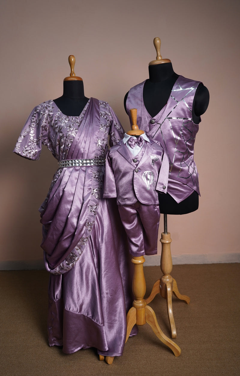 Lavender Satin and fancy embroidery net with Special Foil work in Family Clothing
