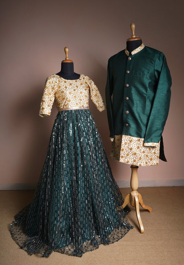Gold Embroidery Fabric and Green Rawsilk with Sequin Embroidery Net Couple Clothing