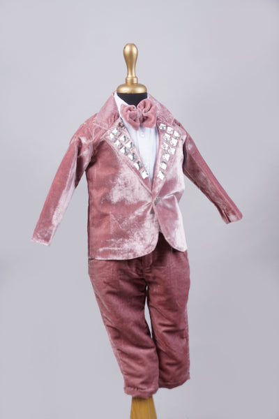 Peach Velvet with stone work in boy kid birthday Dress