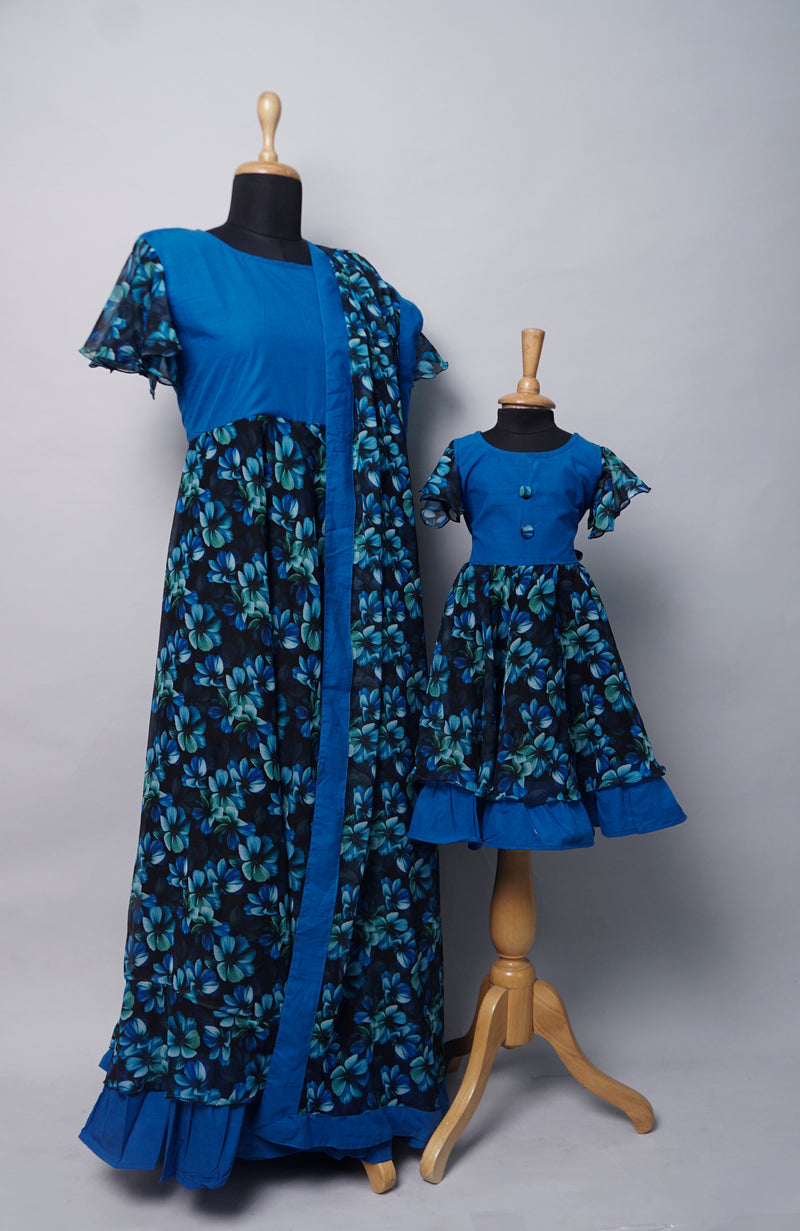 Blue with Black Printed Mom and Daughter Combo Matching Set