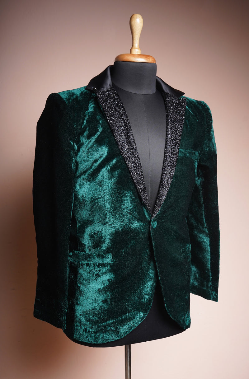 Bottle Green Velvet and Special Embroidery Collar work in Mens Blazer