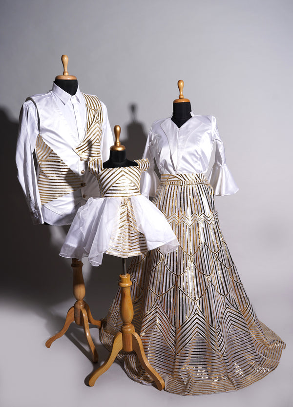 White Satin and Gold Stripes in Kali Fabric in Family Clothing