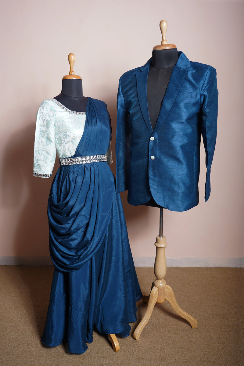 Peacock Blue Rawsilk and Chinon and Jacquard with White Stone Belt Couple Clothing
