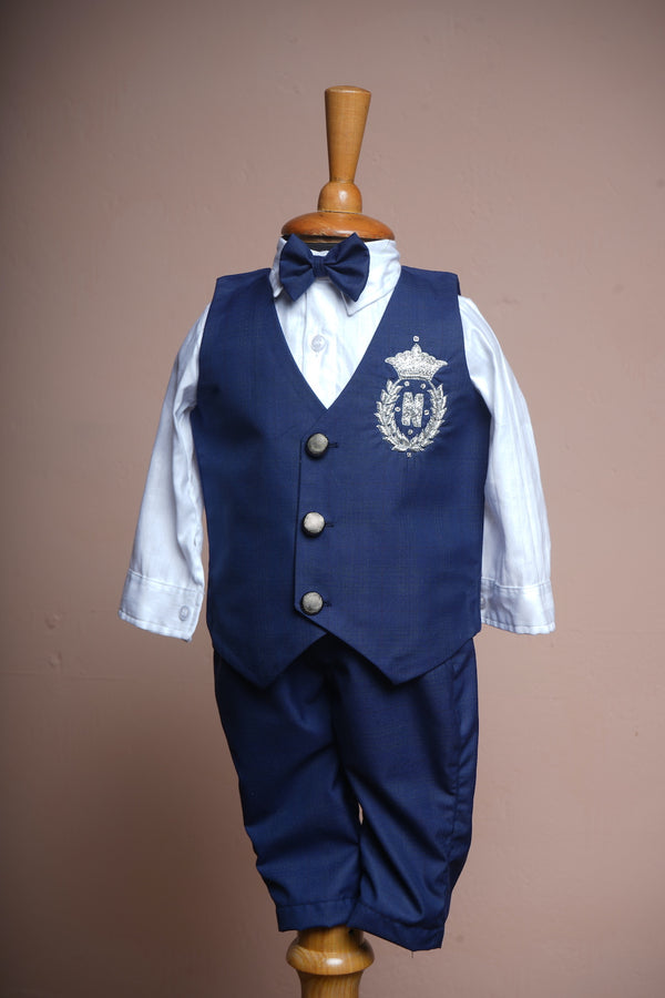 Blue Suiting Fabric with Crown Work in Boy Kid Birthday Suit