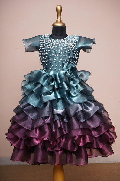 Dual Tone Chinon with Special Pearl Work in Girl kid First Birthday Wear