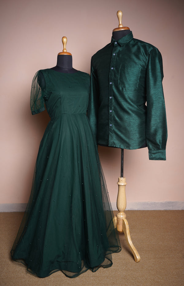 Green Rawsilk and Pearl Net Couple Clothing