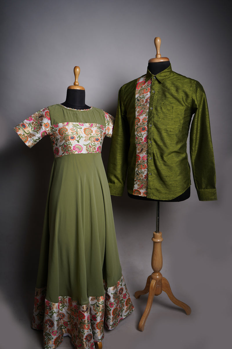 Green Rawsilk and Bahubali Brocade Couple Clothing