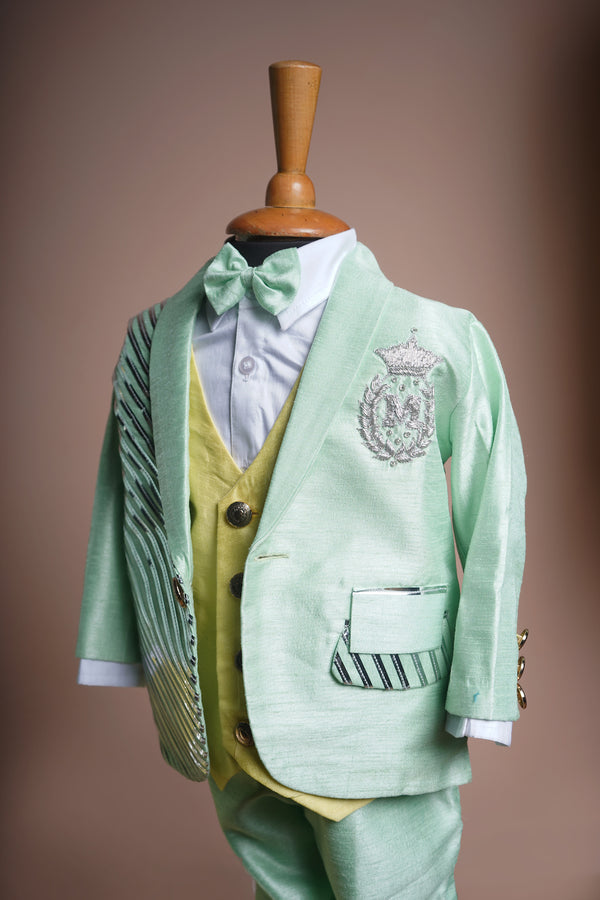 Aqua Green Rawsilk and White Cotton with Metal Stripes work and Special Embroidery work Boy kid Birthday Suit