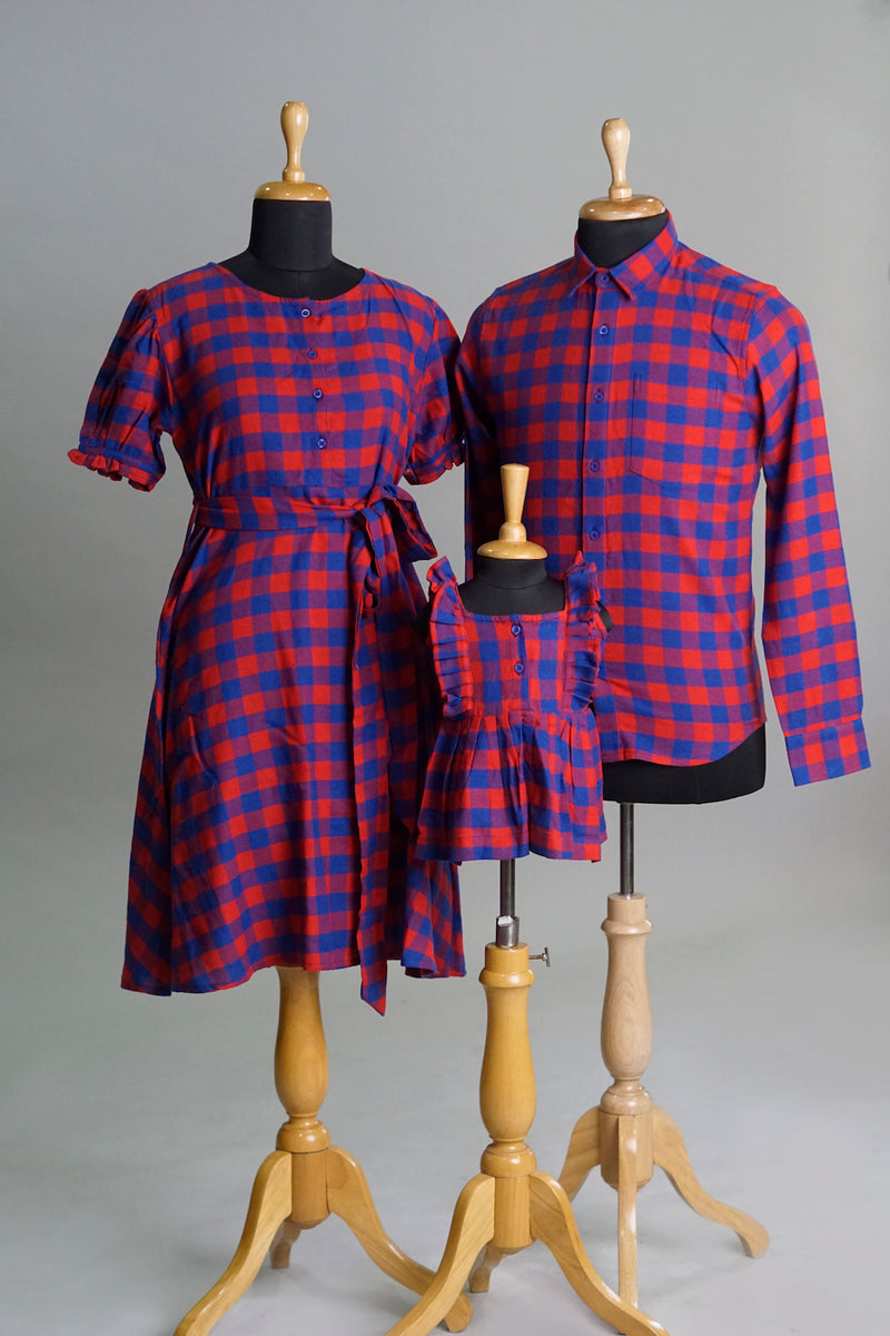 Blue and Red Checked Family Combo Matching Set