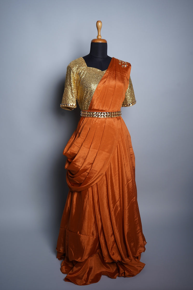 Gold Sequin and Orange Chinon Womens Dress