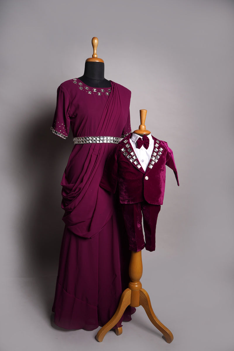 Dark Pink Georgette and Velvet With White Stone work in Mom and Son Combo