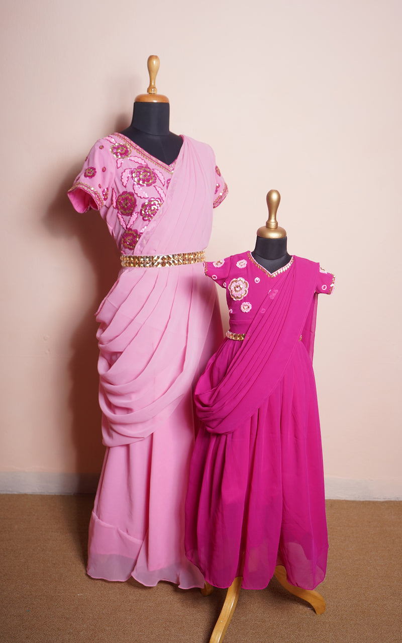 Light Pink and Dark Pink Plain Georgette With Speacial Embroidery work in Mom and Daughter Combo