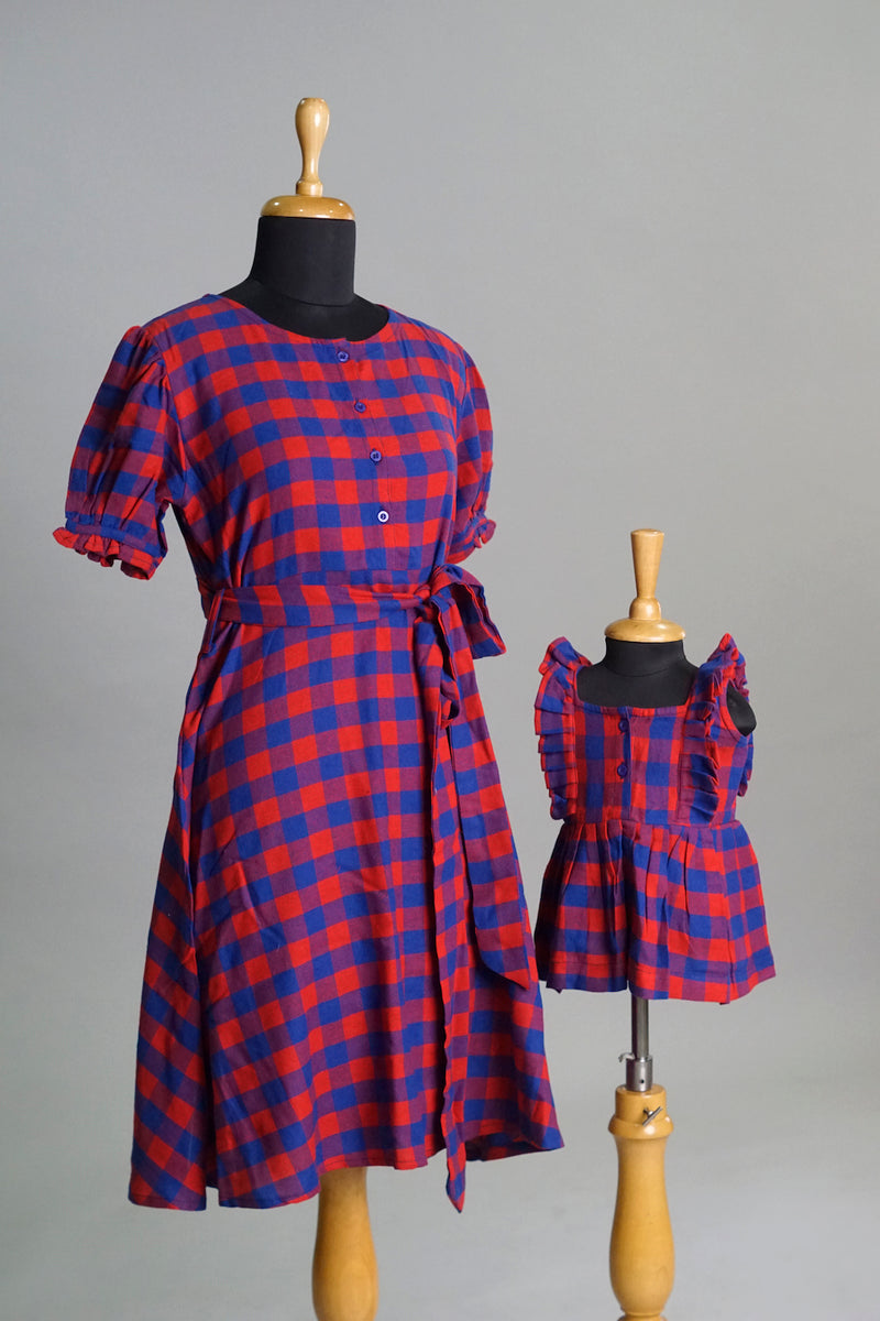 Blue and Red Checked Mom & Daughter Combo Matching Set
