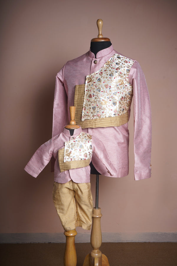 Pink and Gold Rawsilk and Grand Embroidered Fabric Dad and Son Combo