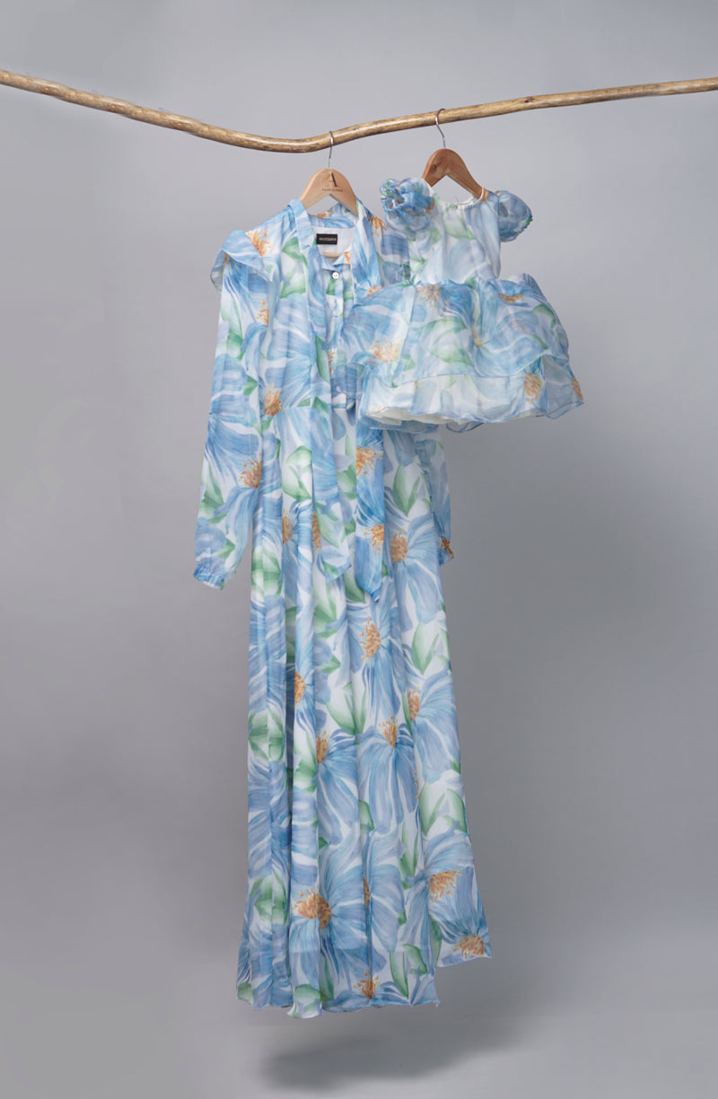 Sky Blue Floral Printed Mom and Daughter Combo Matching Set