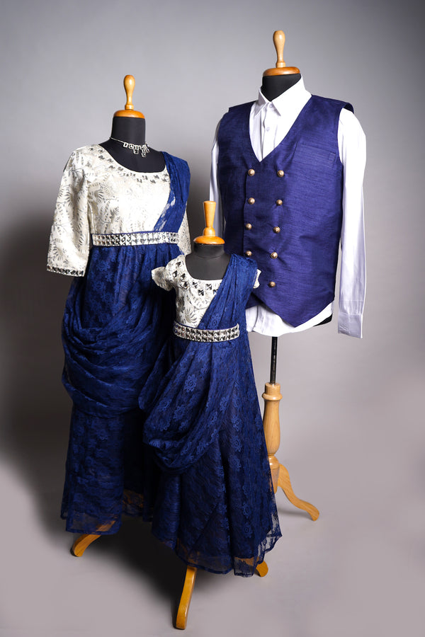 Blue Rawsilk and Embroidery net in Family Clothing