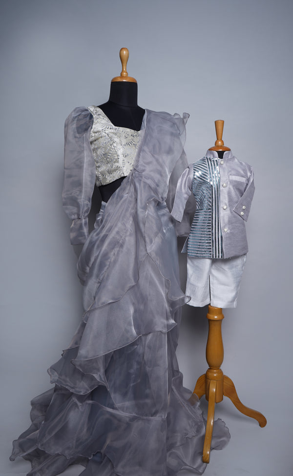 Silver Organza and Brocade with Metal Stripes Mom and Son Combo