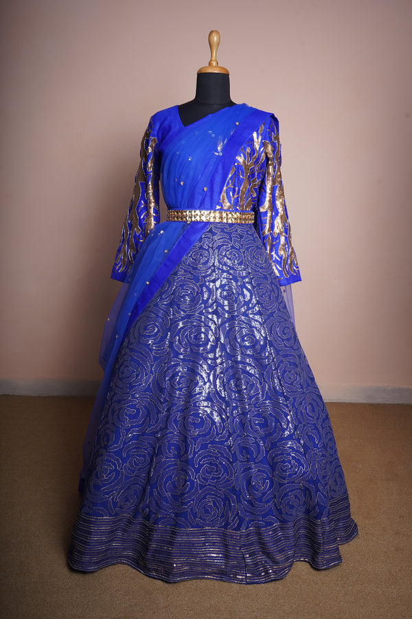 Cobalt Blue Rawsilk and Kali and Net with Special Embroidery Work in Womens Bridal Reception Wear
