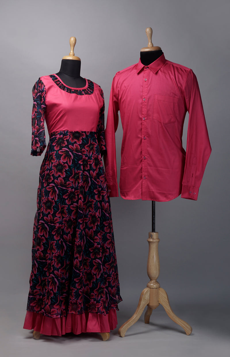 Black with Pink  Floral Printed Couple Combo Matching Set