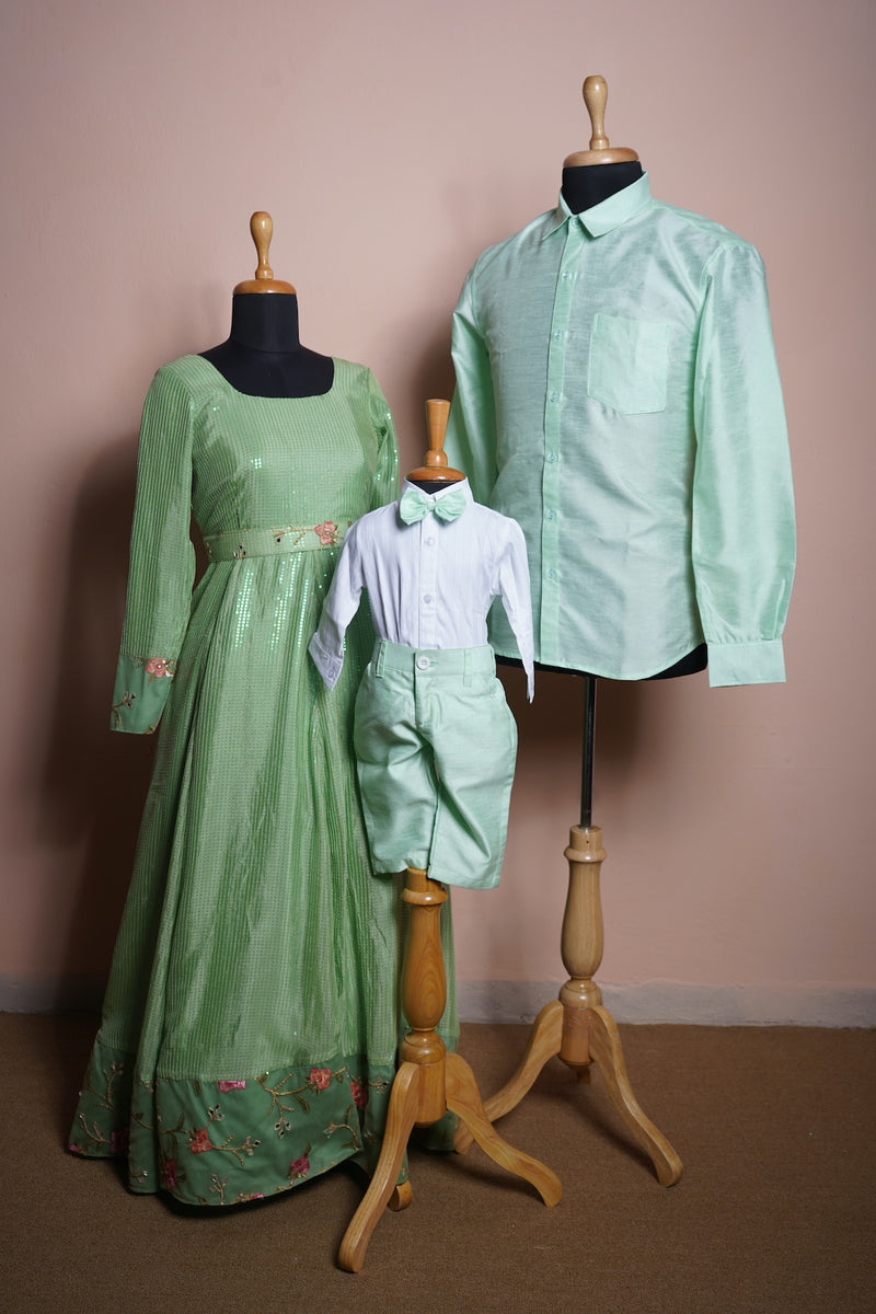 Light Green Sequin and Embroidery Fabric and Rawsilk With White Cotton Shirt Family Clothing