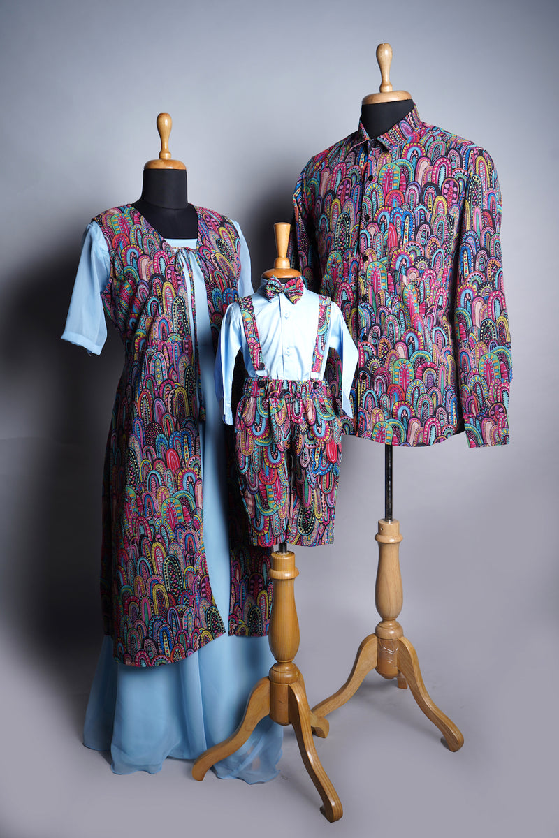 Printed Georgette and Plain Blue Georgette in Family Combo