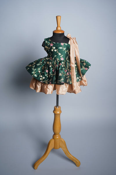 Green Embroidery Fabric and Gold Chinon in Kids Birthday Dress