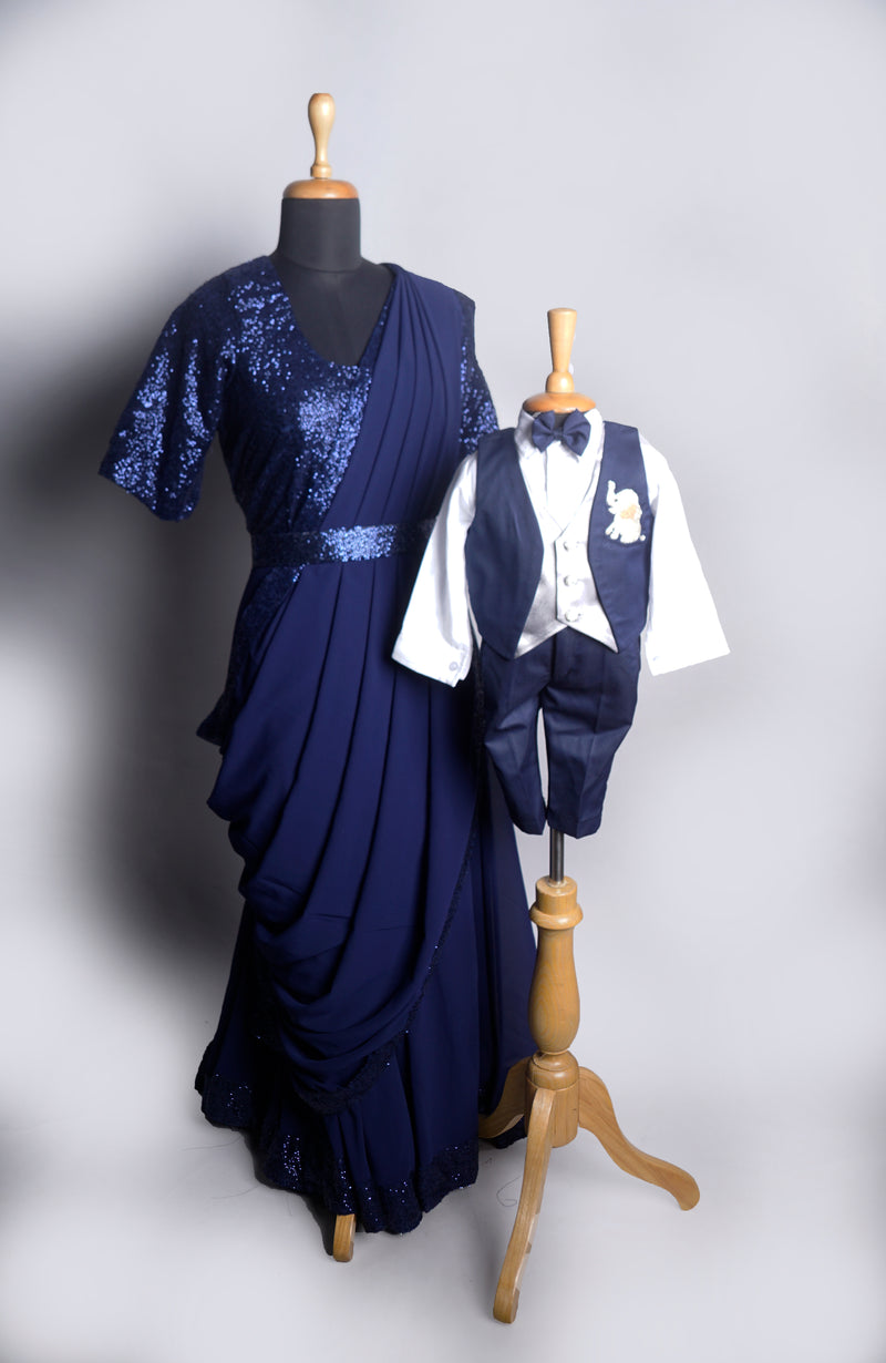 Blue Sequin Fabric and Plain Georgette and Full Suit with Special Embroidery work in Mom and Son Combo