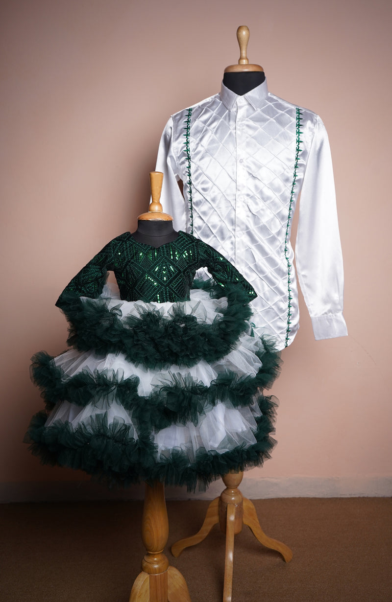 Dark Green Sequin velvet and Plain net and White Satin with Special Embroidery work and Box Pleated Design Dad and Daughter Combo