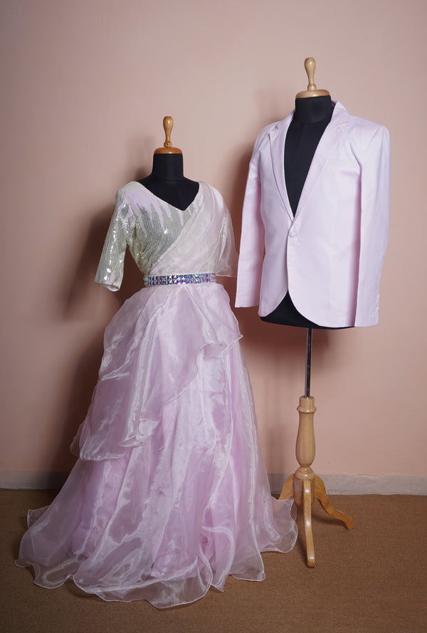 Light Pink Glass Organza and Dual Colour Sequin with White Stone Belt Couple Clothing