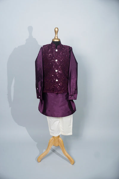 Purple Embroidery Net and Silk cotton with White Carvet set in Boy kid Birthday Dress