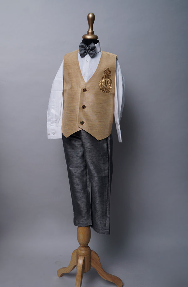 Gold Waist Coat with Grey Pant Kids Suit