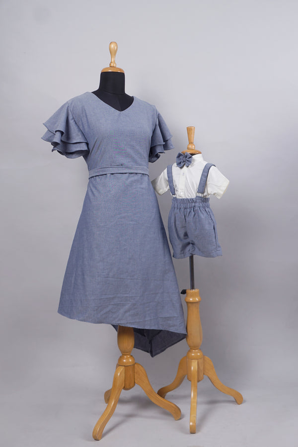 Bluish Grey Cotton Mom and Son Combo Matching Set