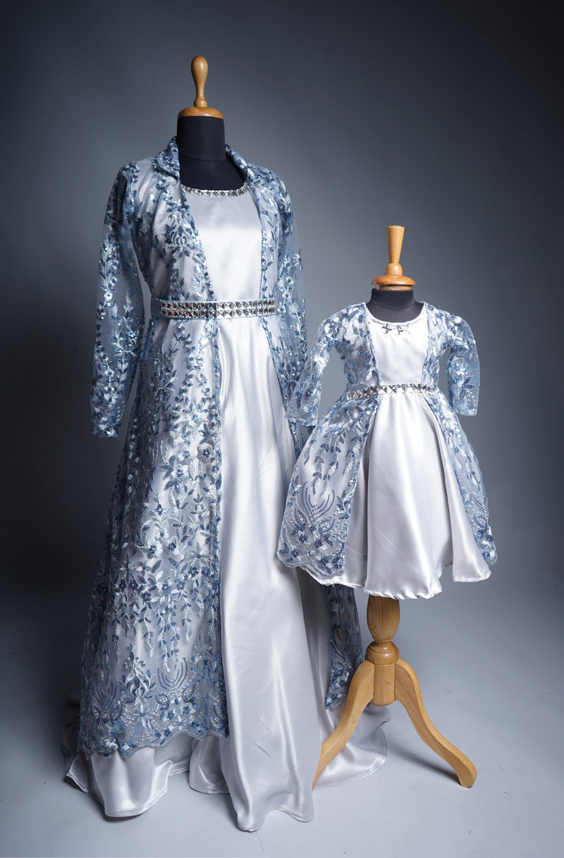 Steel Blue Fancy Embroidered Net and Silver Satin Mom and Daughter Combo set